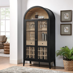 Modway Furniture Nolan Arched Bar Cabinet - Stylish Modern Farmhouse Storage with Tempered Glass Doors & Gold Accents Black Oak EEI-7203-BLK-OAK