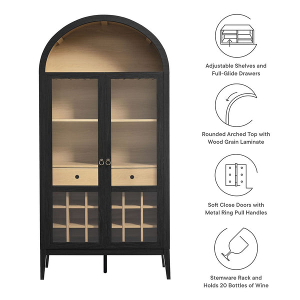 Modway Furniture Nolan Arched Bar Cabinet - Stylish Modern Farmhouse Storage with Tempered Glass Doors & Gold Accents Black Oak EEI-7203-BLK-OAK