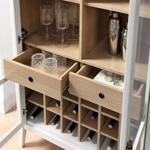 Modway Furniture Nolan Arched Bar Cabinet - Stylish Modern Farmhouse Storage with Tempered Glass Doors & Gold Accents Ivory Oak EEI-7203-IVO-OAK