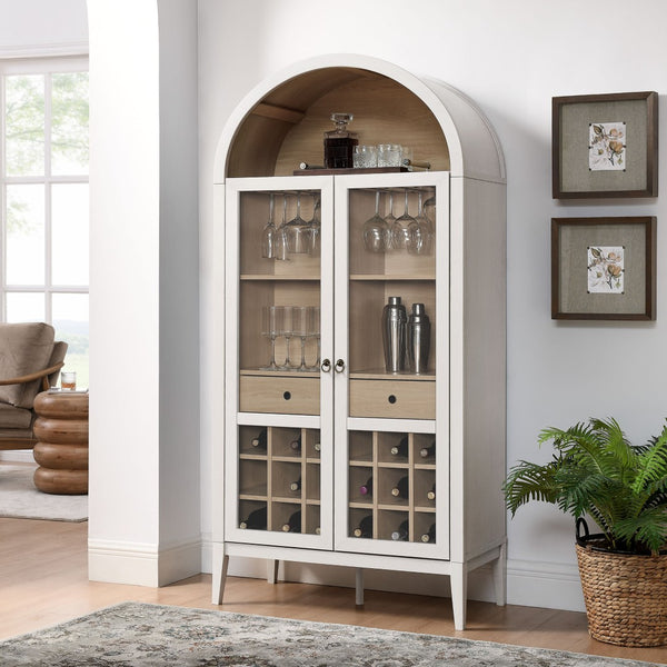 Modway Furniture Nolan Arched Bar Cabinet - Stylish Modern Farmhouse Storage with Tempered Glass Doors & Gold Accents Ivory Oak EEI-7203-IVO-OAK