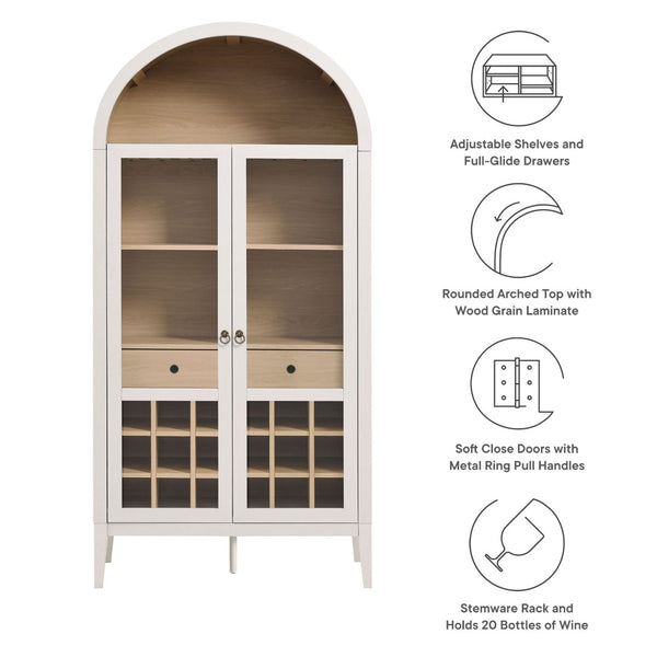 Modway Furniture Nolan Arched Bar Cabinet - Stylish Modern Farmhouse Storage with Tempered Glass Doors & Gold Accents Ivory Oak EEI-7203-IVO-OAK