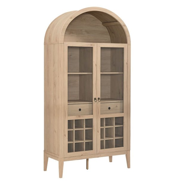 Modway Furniture Nolan Arched Bar Cabinet - Stylish Modern Farmhouse Storage with Tempered Glass Doors & Gold Accents Light Oak EEI-7203-LOA