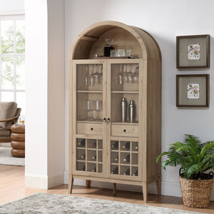 Modway Furniture Nolan Arched Bar Cabinet - Stylish Modern Farmhouse Storage with Tempered Glass Doors & Gold Accents Light Oak EEI-7203-LOA