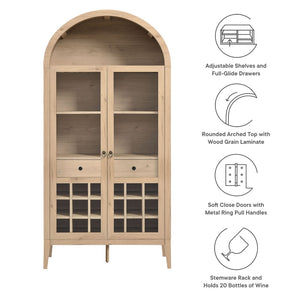 Modway Furniture Nolan Arched Bar Cabinet - Stylish Modern Farmhouse Storage with Tempered Glass Doors & Gold Accents Light Oak EEI-7203-LOA