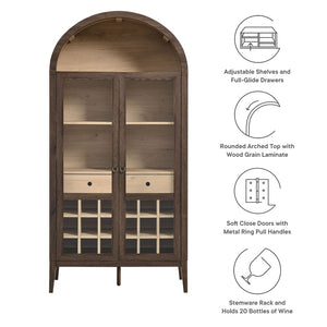Modway Furniture Nolan Arched Bar Cabinet - Stylish Modern Farmhouse Storage with Tempered Glass Doors & Gold Accents Walnut Light Oak EEI-7203-WAL-LOA