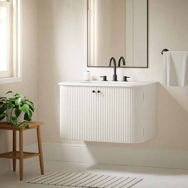 Modway Furniture Zia 30" Modern Wall-Mount Bathroom Vanity with Real Marble Sink and Soft-Close Doors for Stylish Storage Ivory EEI-7208-IVO