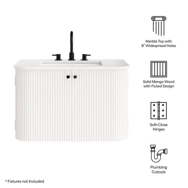 Modway Furniture Zia 30" Modern Wall-Mount Bathroom Vanity with Real Marble Sink and Soft-Close Doors for Stylish Storage Ivory EEI-7208-IVO