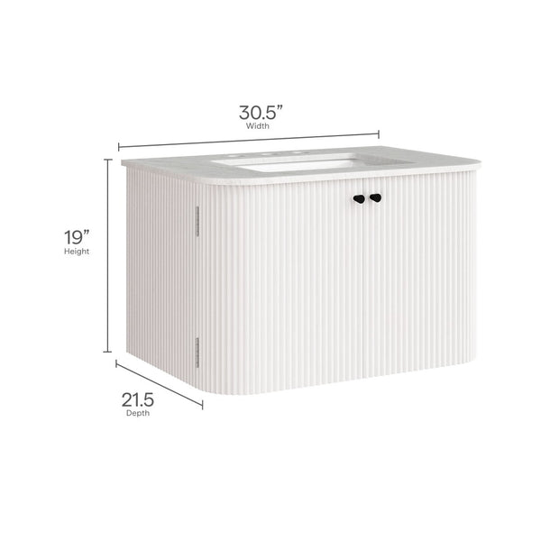 Modway Furniture Zia 30" Modern Wall-Mount Bathroom Vanity with Real Marble Sink and Soft-Close Doors for Stylish Storage Ivory EEI-7208-IVO