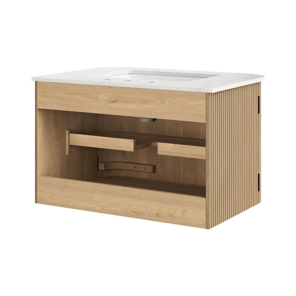 Modway Furniture Zia 30" Modern Wall-Mount Bathroom Vanity with Real Marble Sink and Soft-Close Doors for Stylish Storage Natural EEI-7208-NAT