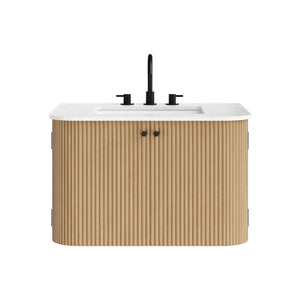 Modway Furniture Zia 30" Modern Wall-Mount Bathroom Vanity with Real Marble Sink and Soft-Close Doors for Stylish Storage Natural EEI-7208-NAT