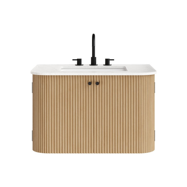 Modway Furniture Zia 30" Modern Wall-Mount Bathroom Vanity with Real Marble Sink and Soft-Close Doors for Stylish Storage Natural EEI-7208-NAT