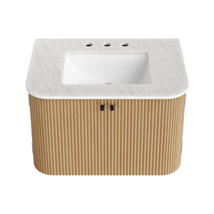 Modway Furniture Zia 30" Modern Wall-Mount Bathroom Vanity with Real Marble Sink and Soft-Close Doors for Stylish Storage Natural EEI-7208-NAT