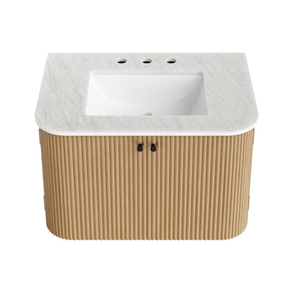 Modway Furniture Zia 30" Modern Wall-Mount Bathroom Vanity with Real Marble Sink and Soft-Close Doors for Stylish Storage Natural EEI-7208-NAT