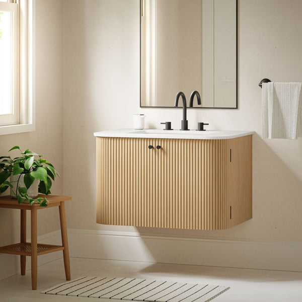 Modway Furniture Zia 30" Modern Wall-Mount Bathroom Vanity with Real Marble Sink and Soft-Close Doors for Stylish Storage Natural EEI-7208-NAT