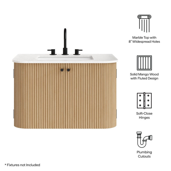 Modway Furniture Zia 30" Modern Wall-Mount Bathroom Vanity with Real Marble Sink and Soft-Close Doors for Stylish Storage Natural EEI-7208-NAT