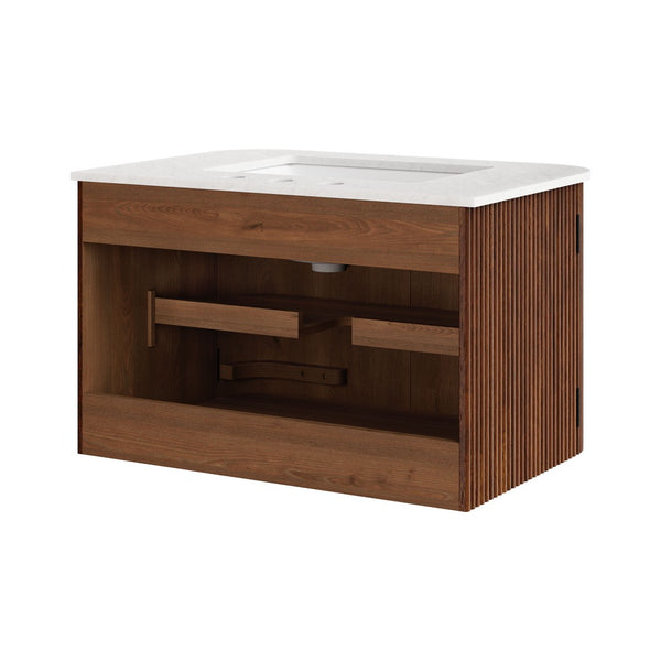 Modway Furniture Zia 30" Modern Wall-Mount Bathroom Vanity with Real Marble Sink and Soft-Close Doors for Stylish Storage Walnut EEI-7208-WAL