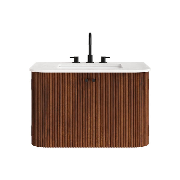 Modway Furniture Zia 30" Modern Wall-Mount Bathroom Vanity with Real Marble Sink and Soft-Close Doors for Stylish Storage Walnut EEI-7208-WAL