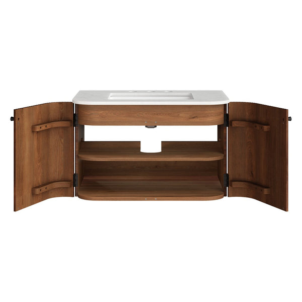Modway Furniture Zia 30" Modern Wall-Mount Bathroom Vanity with Real Marble Sink and Soft-Close Doors for Stylish Storage Walnut EEI-7208-WAL