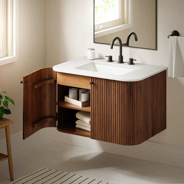 Modway Furniture Zia 30" Modern Wall-Mount Bathroom Vanity with Real Marble Sink and Soft-Close Doors for Stylish Storage Walnut EEI-7208-WAL