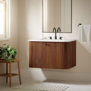 Modway Furniture Zia 30" Modern Wall-Mount Bathroom Vanity with Real Marble Sink and Soft-Close Doors for Stylish Storage Walnut EEI-7208-WAL