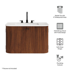 Modway Furniture Zia 30" Modern Wall-Mount Bathroom Vanity with Real Marble Sink and Soft-Close Doors for Stylish Storage Walnut EEI-7208-WAL