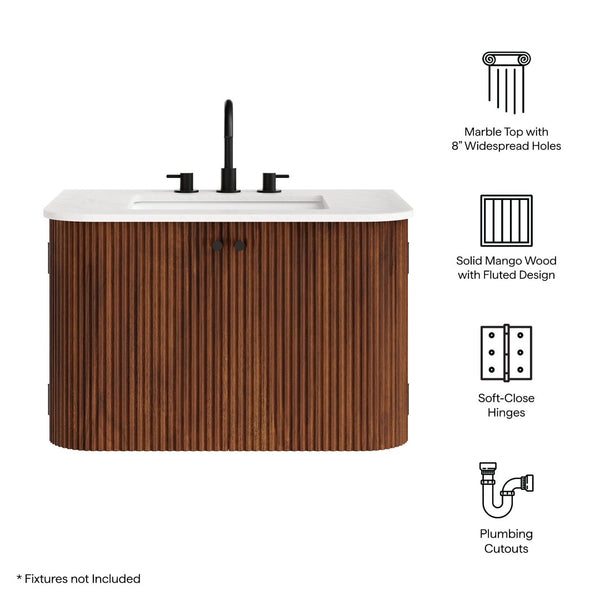 Modway Furniture Zia 30" Modern Wall-Mount Bathroom Vanity with Real Marble Sink and Soft-Close Doors for Stylish Storage Walnut EEI-7208-WAL