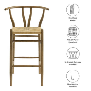 Modway Furniture Amish Wood Bar Stool - Handcrafted Mid-Century Design with Comfortable Paper Rope Seat for Any Space Weathered Gray Teak EEI-7210-GRY