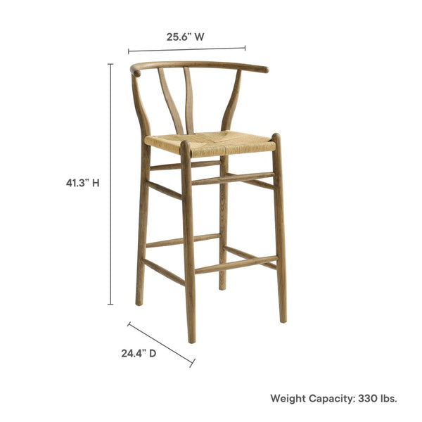 Modway Furniture Amish Wood Bar Stool - Handcrafted Mid-Century Design with Comfortable Paper Rope Seat for Any Space Weathered Gray Teak EEI-7210-GRY