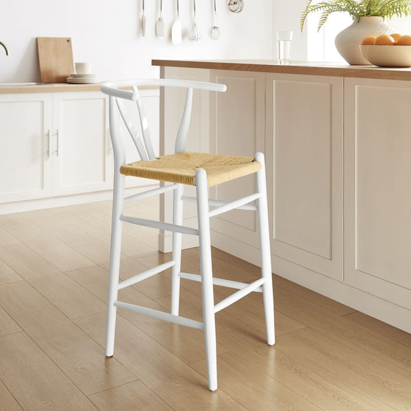 Modway Furniture Amish Wood Bar Stool - Handcrafted Mid-Century Design with Comfortable Paper Rope Seat for Any Space White EEI-7210-WHI