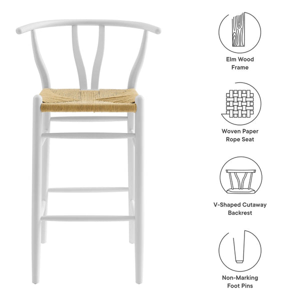 Modway Furniture Amish Wood Bar Stool - Handcrafted Mid-Century Design with Comfortable Paper Rope Seat for Any Space White EEI-7210-WHI