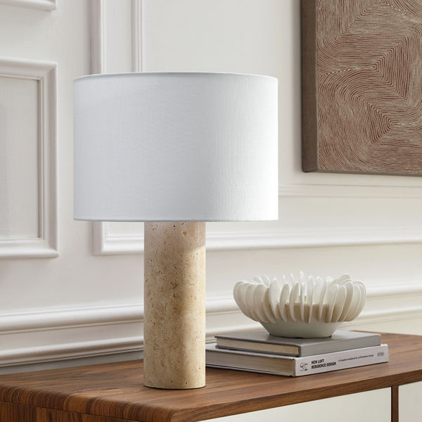 Modway Furniture Zenith Table Lamp - Elegant Natural Travertine Base with Fabric Drum Shade for Modern Interiors EEI-7213-TRV