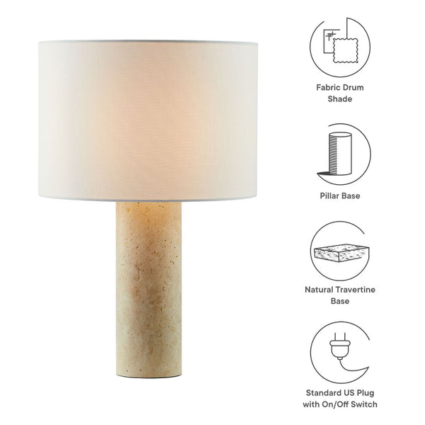 Modway Furniture Zenith Table Lamp - Elegant Natural Travertine Base with Fabric Drum Shade for Modern Interiors EEI-7213-TRV