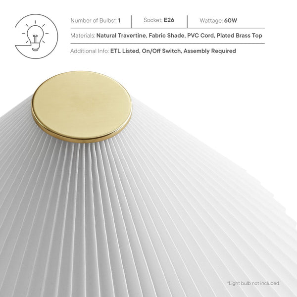 Modway Furniture Cove Travertine Table Lamp with Pleated Shade – Elegant Natural Stone Lighting for Any Room EEI-7215-TRV