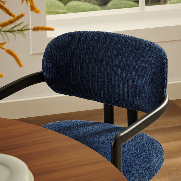 Modway Furniture Elio Barrel Dining Chair - Sculptural Metal Frame with Textured Upholstery for Modern Elegance Black Navy EEI-7229-BLK-NAV