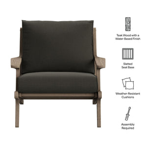 Modway Furniture Saratoga Solid Teak Outdoor Armchair with Cushions for Patio Deck or Poolside Weathered Gray Flint EEI-7248-WGR-FLI
