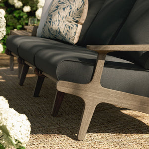 Modway Furniture Saratoga Solid Teak Outdoor Sofa Three Seat Patio Seating with Weather Resistant Cushions Weathered Gray Flint EEI-7249-WGR-FLI