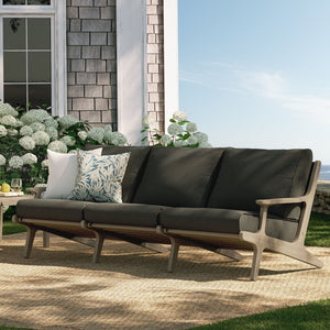Modway Furniture Saratoga Solid Teak Outdoor Sofa Three Seat Patio Seating with Weather Resistant Cushions Weathered Gray Flint EEI-7249-WGR-FLI