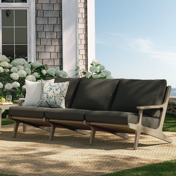 Modway Furniture Saratoga Solid Teak Outdoor Sofa Three Seat Patio Seating with Weather Resistant Cushions Weathered Gray Flint EEI-7249-WGR-FLI