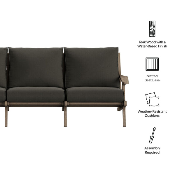 Modway Furniture Saratoga Solid Teak Outdoor Sofa Three Seat Patio Seating with Weather Resistant Cushions Weathered Gray Flint EEI-7249-WGR-FLI