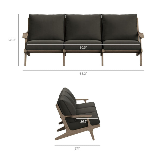 Modway Furniture Saratoga Solid Teak Outdoor Sofa Three Seat Patio Seating with Weather Resistant Cushions Weathered Gray Flint EEI-7249-WGR-FLI