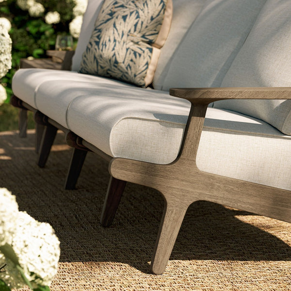 Modway Furniture Saratoga Solid Teak Outdoor Sofa Three Seat Patio Seating with Weather Resistant Cushions Weathered Gray Pebble EEI-7249-WGR-PEB