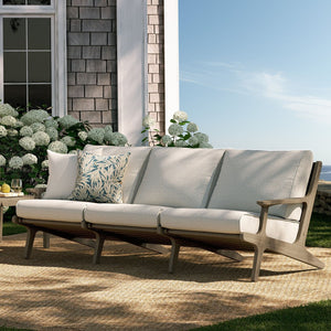 Modway Furniture Saratoga Solid Teak Outdoor Sofa Three Seat Patio Seating with Weather Resistant Cushions Weathered Gray Pebble EEI-7249-WGR-PEB