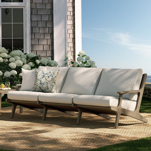 Modway Furniture Saratoga Solid Teak Outdoor Sofa Three Seat Patio Seating with Weather Resistant Cushions Weathered Gray Pebble EEI-7249-WGR-PEB