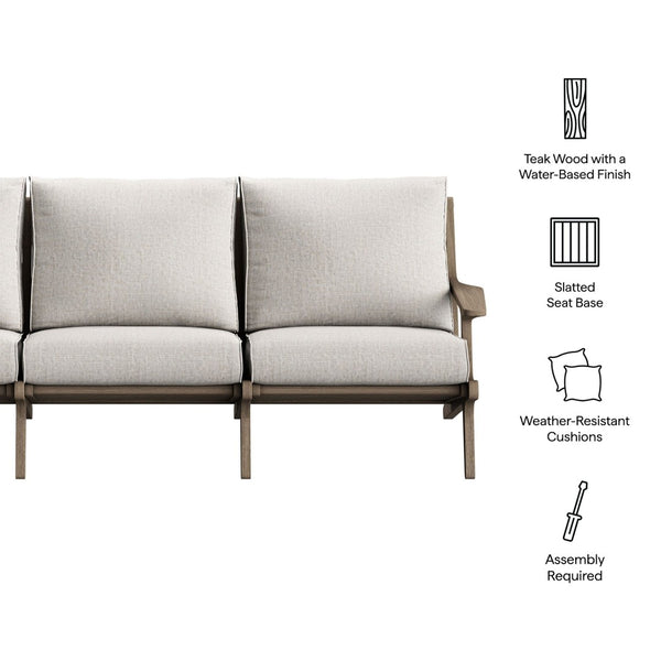 Modway Furniture Saratoga Solid Teak Outdoor Sofa Three Seat Patio Seating with Weather Resistant Cushions Weathered Gray Pebble EEI-7249-WGR-PEB