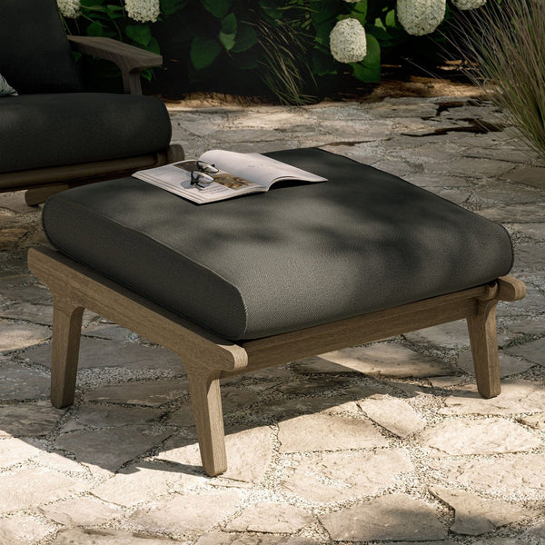 Modway Furniture Saratoga Solid Teak Outdoor Ottoman with Cushion Slatted Frame Patio Footrest Weathered Gray Flint EEI-7250-WGR-FLI