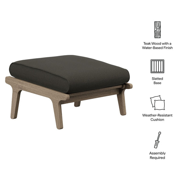 Modway Furniture Saratoga Solid Teak Outdoor Ottoman with Cushion Slatted Frame Patio Footrest Weathered Gray Flint EEI-7250-WGR-FLI
