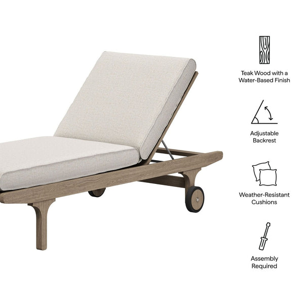 Modway Furniture Saratoga Solid Teak Outdoor Chaise Lounge with Adjustable Backrest and Built-in Wheels Weathered Gray Pebble EEI-7251-WGR-PEB