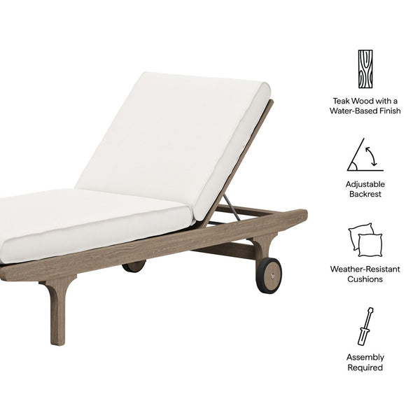 Modway Furniture Saratoga Outdoor Teak Chaise Lounge Chair - Adjustable Recliner with Wheels for Poolside Relaxation EEI-7251-WGR-WHI