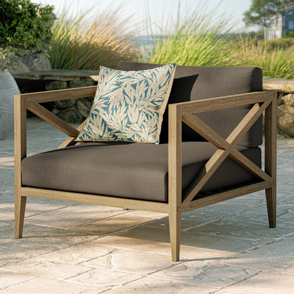 Modway Furniture Northlake Solid Teak Outdoor Armchair with Cross-back Design and Weather-resistant Cushions Weathered Gray Flint EEI-7252-WGR-FLI