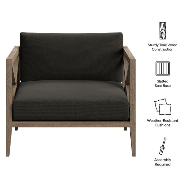Modway Furniture Northlake Solid Teak Outdoor Armchair with Cross-back Design and Weather-resistant Cushions Weathered Gray Flint EEI-7252-WGR-FLI